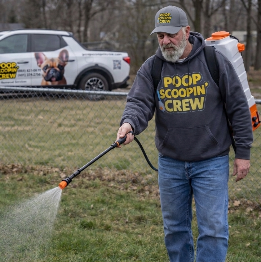 Poop Scoopin’ Crew owner applying pet-safe yard deodorizer treatment during dog waste cleanup service in Connecticut.