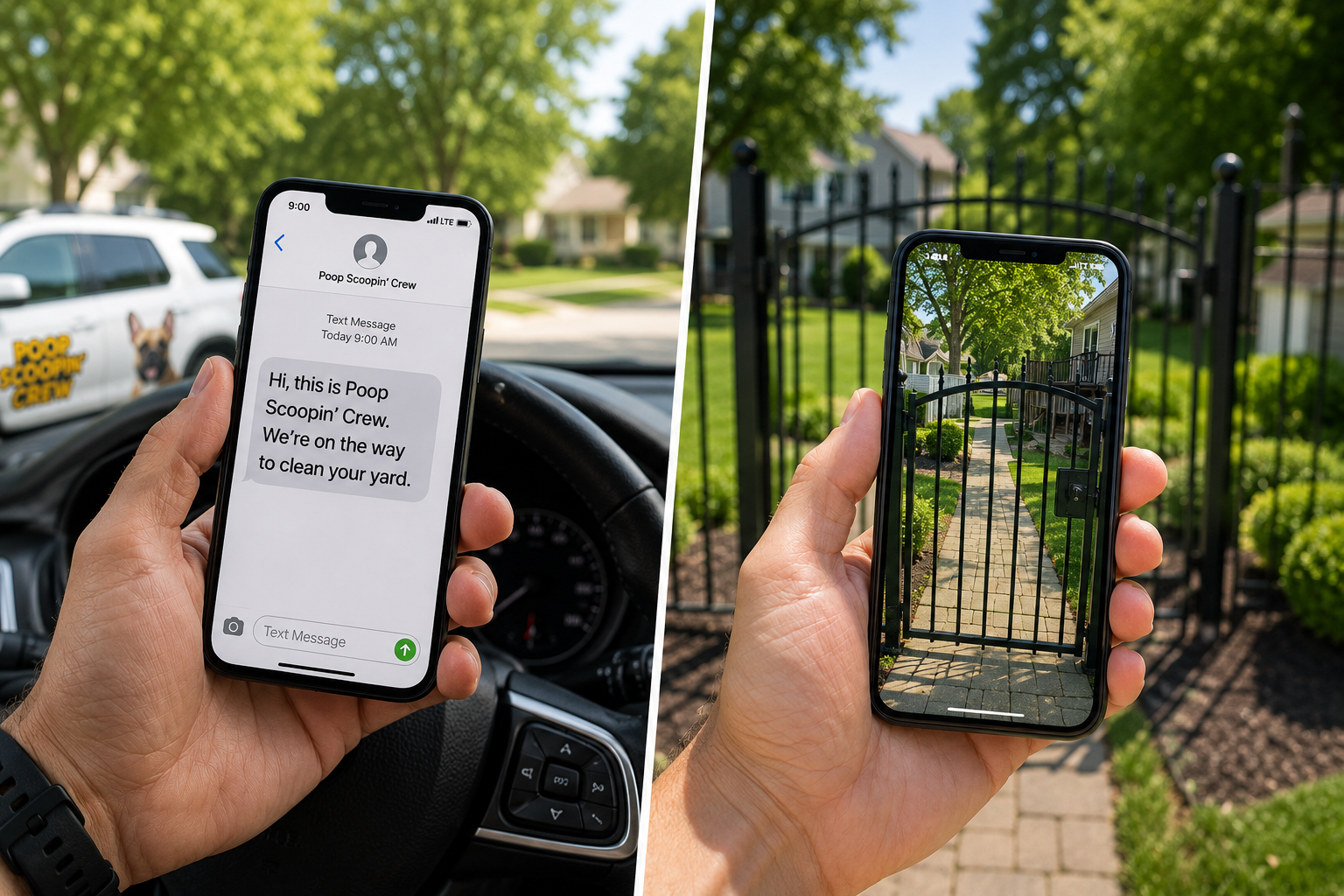 Phone showing on-the-way text message and locked gate photo from Poop Scoopin' Crew service visit