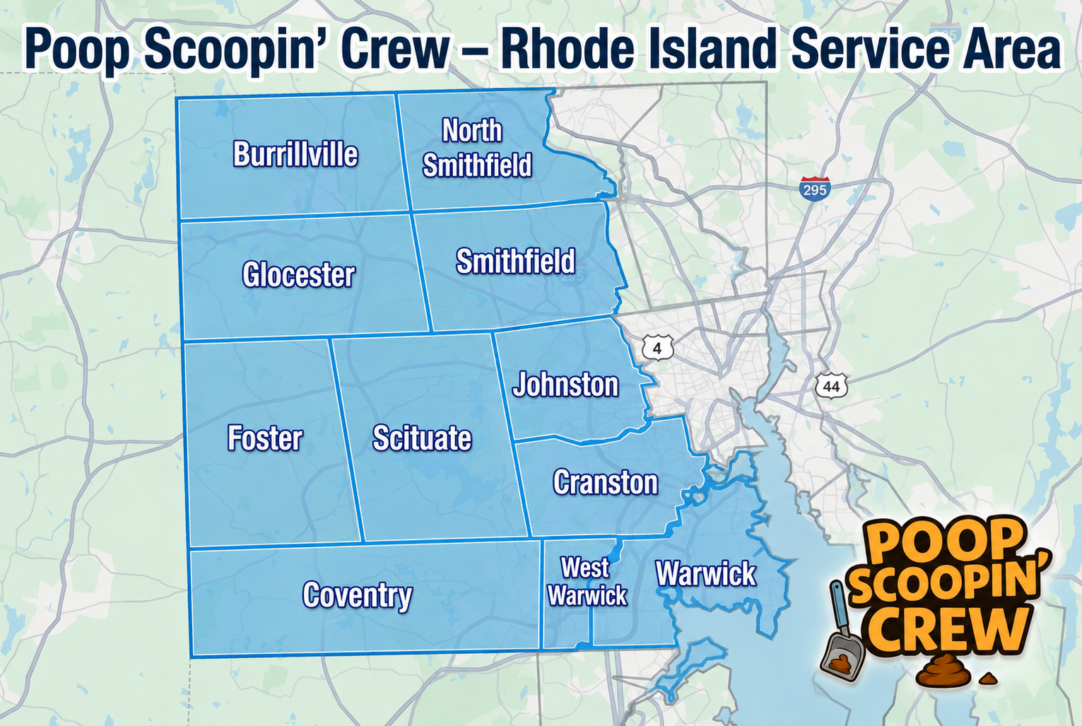 Poop Scoopin' Crew Rhode Island service area map showing Burrillville, North Smithfield, Smithfield, Glocester, Foster, Scituate, Johnston, Cranston, Coventry, West Warwick, and Warwick.