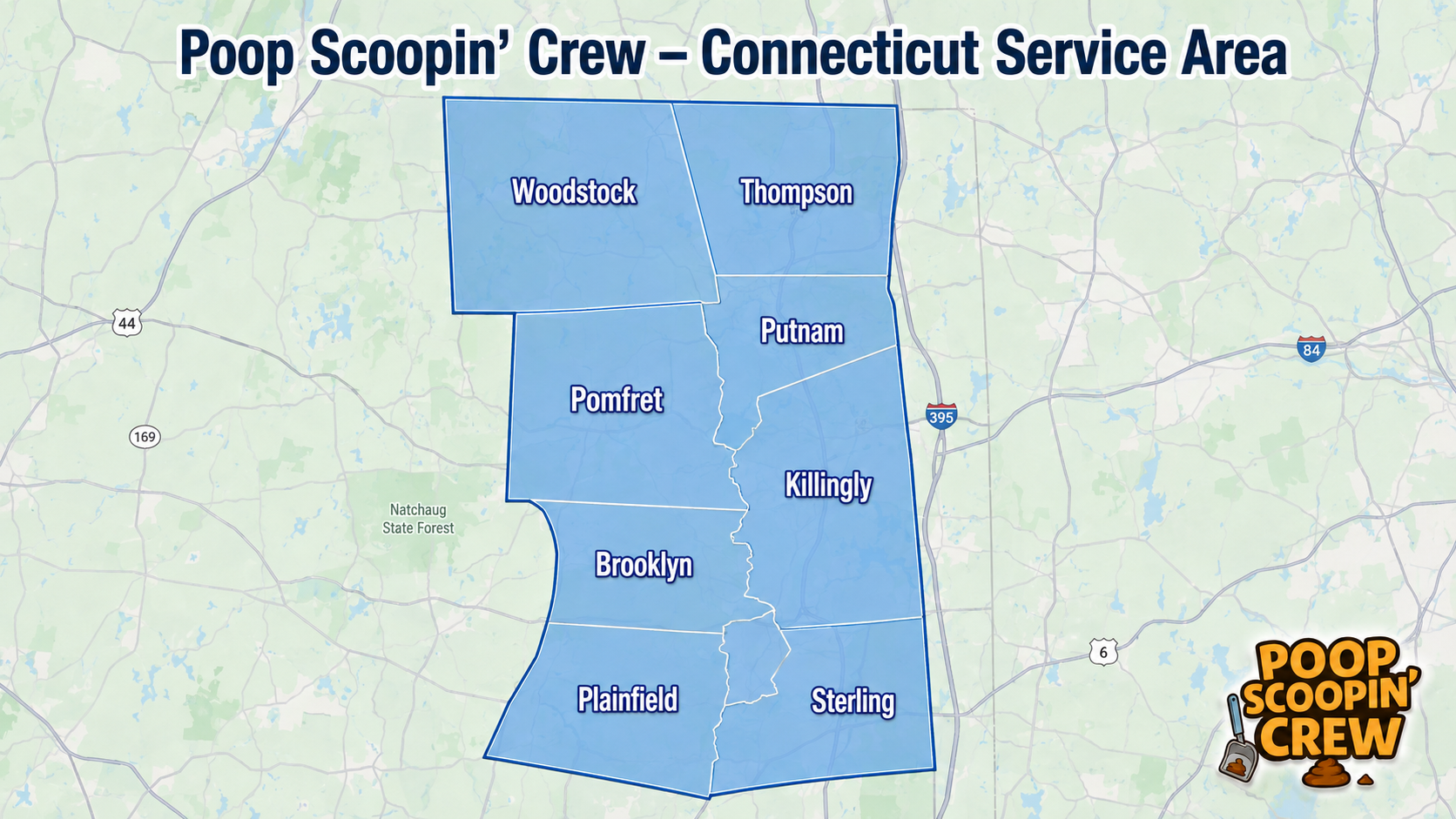 Poop Scoopin' Crew Connecticut service area map showing Woodstock, Thompson, Putnam, Pomfret, Killingly, Brooklyn, Plainfield, and Sterling.